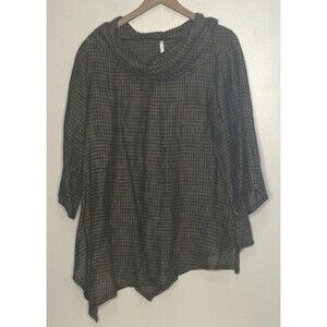 Kiyo Blouse Large Black Gray Textured Plaid Asymmetrical Cowl Neck Pullover Top